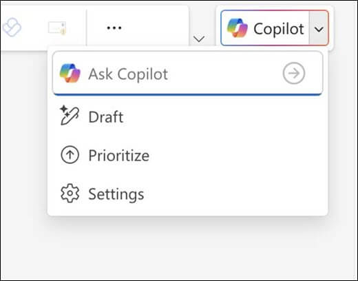 Menu Copilot trong Outlook.