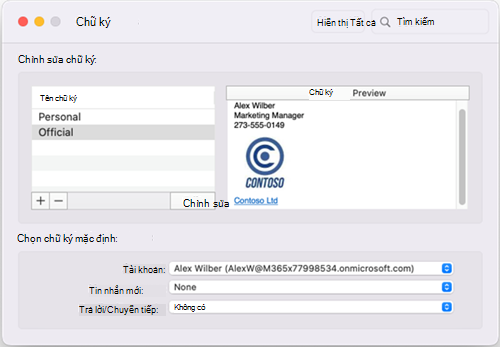 Cửa sổ Chữ ký Mặc định trong Outlook cho Mac