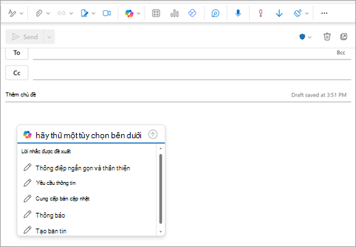 Hiển thị trang thư Outlook mới với cửa sổ lời nhắc đang mở, nơi bạn thường bắt đầu nhập email.