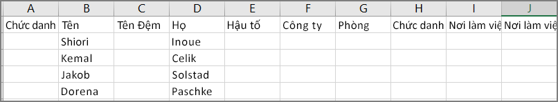 Ví dụ về giao diện của tệp csv sau khi xuất danh bạ từ Outlook