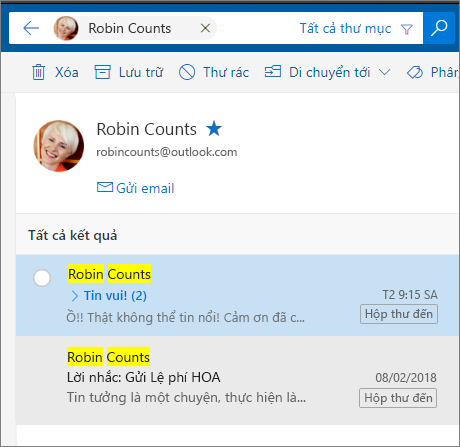 Tìm kiếm một người để xem tất cả thư email