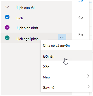 Ảnh chụp màn hình menu ngữ cảnh lịch với với Đổi tên được chọn