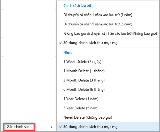 Bấm chuột phải vào thư để xem các tùy chọn gán chính sách