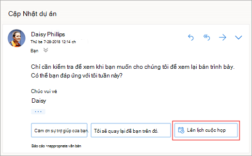 Ảnh chụp màn hình câu trả lời được đề xuất để lên lịch cuộc họp