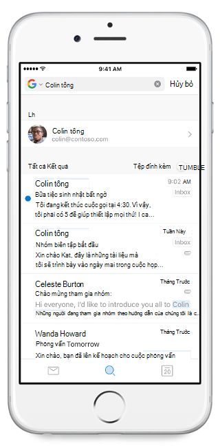 Hiển thị màn hình di động, với thanh tìm kiếm ở trên cùng và tên được nhập vào đó. Kết quả tìm kiếm nằm bên dưới thanh tìm kiếm.