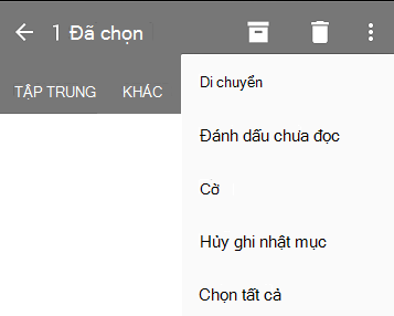 Danh sách thả xuống hiển thị các tùy chọn sau: Di chuyển, Đánh dấu chưa đọc, Gắn cờ, Bỏ gắn cờ, Chọn Tất cả.