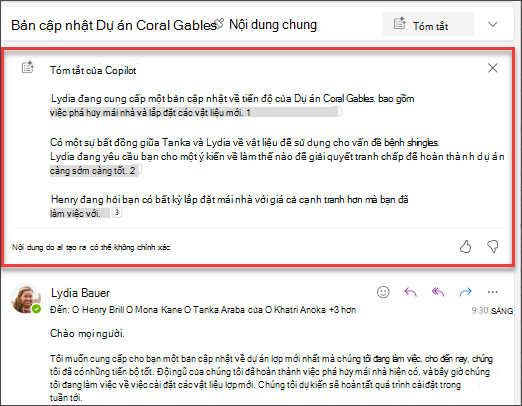 Tóm tắt chuỗi email với các trích dẫn được tạo bởi Copilot.