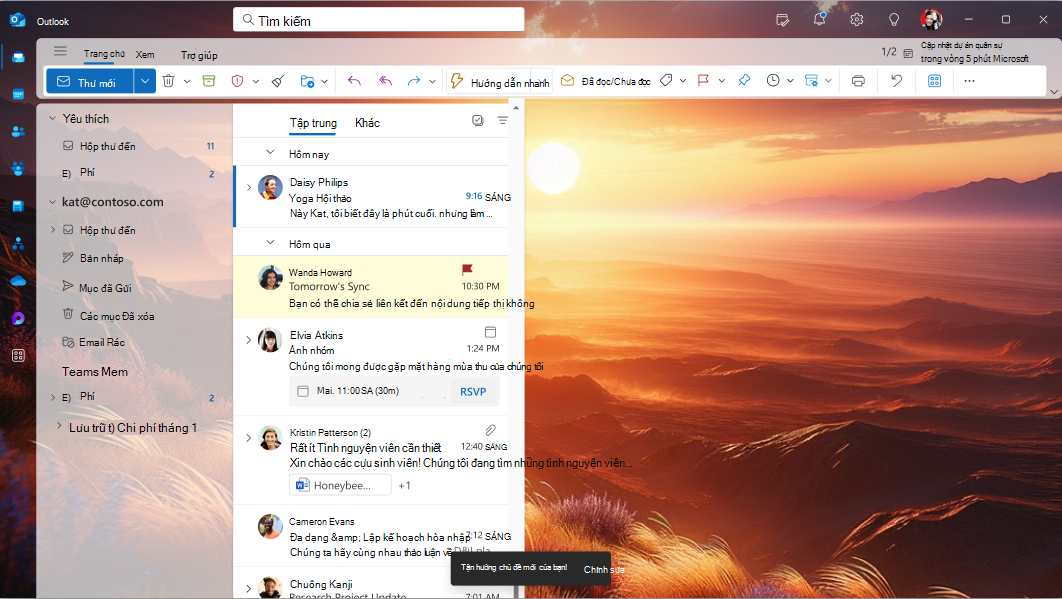 Màn hình hiển thị giao diện của chủ đề khi được áp dụng trên Outlook for Windows mới