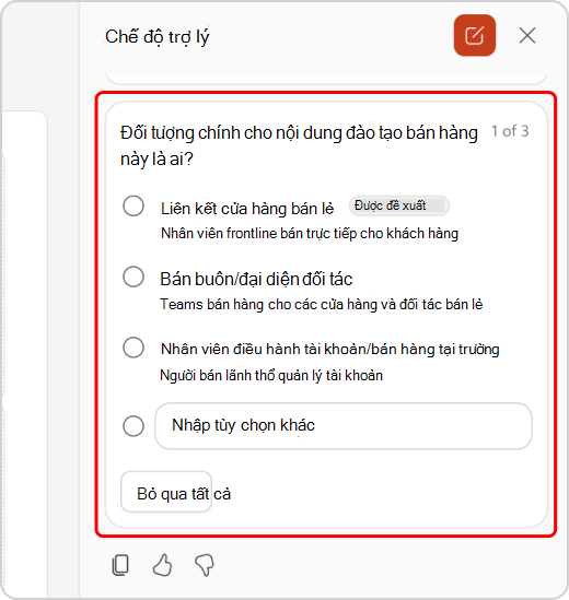 Làm rõ các câu hỏi trong trò chuyện Chế độ Tác nhân