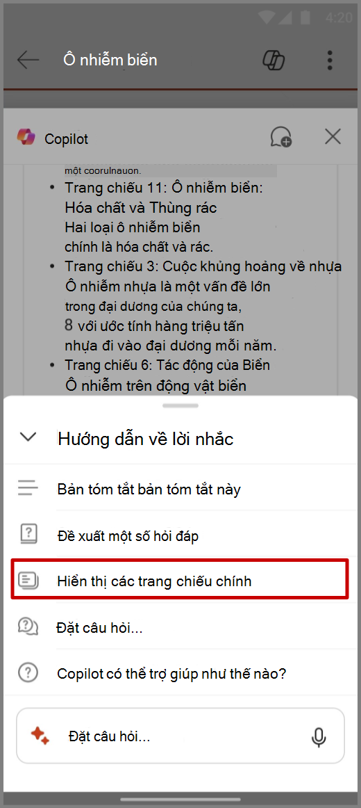 Ảnh chụp màn hình Copilot trong PowerPoint trên thiết bị Android với lời nhắc Hiển thị trang chiếu chính