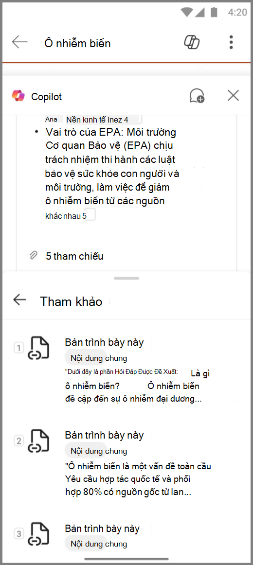 Ảnh chụp màn hình Copilot trong PowerPoint trên thiết bị Android với Tham chiếu cho phản hồi Tóm tắt bản trình chiếu này