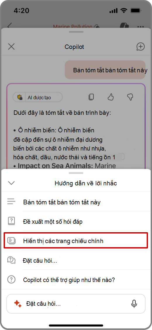 Ảnh chụp màn hình Copilot trong PowerPoint trên thiết bị iOS với lời nhắc Hiển thị trang chiếu chính