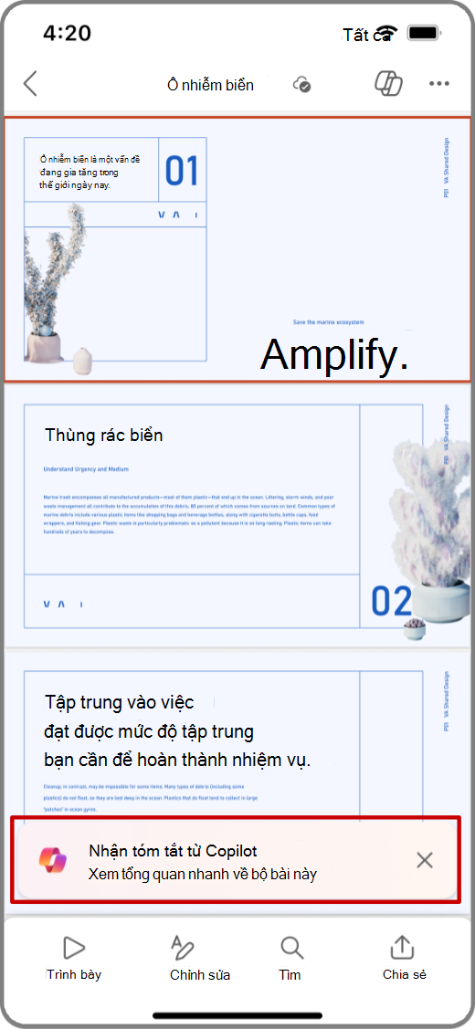 Ảnh chụp màn hình Copilot trong PowerPoint trên thiết bị iOS với Lời nhắc Nhận tóm tắt được tô sáng