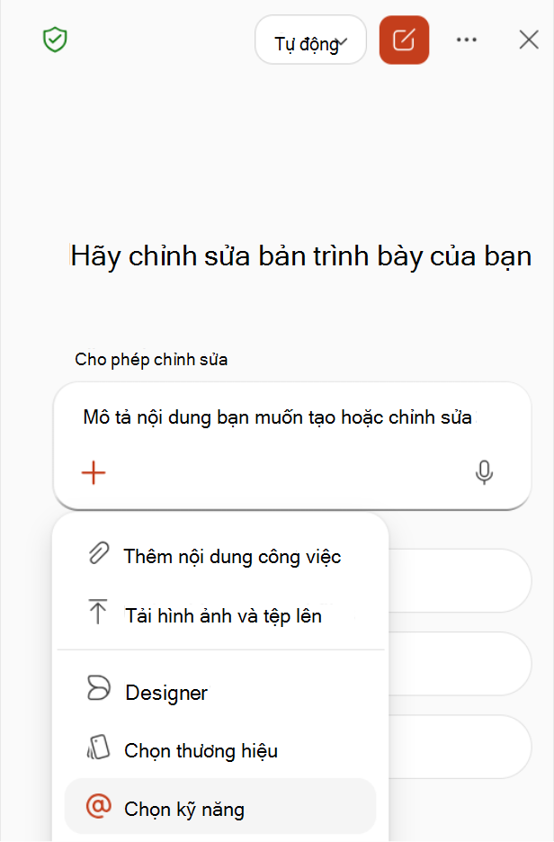 Ảnh chụp màn hình hiển thị thao tác chọn Chọn kỹ năng từ menu dấu cộng trong ngăn Copilot.