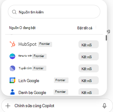 Ảnh chụp màn hình hiển thị danh sách đường kết nối với các nguồn dữ liệu sẵn có và các nút Kết nối trong PowerPoint.