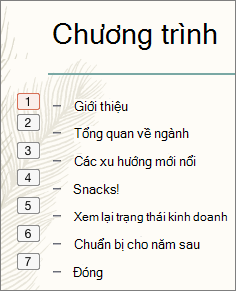 Mỗi dấu đầu dòng trong danh sách hiển thị thứ tự của hoạt hình trong một hộp nhỏ ở bên trái