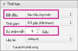 Hiển thị dấu đầu dòng tự động bằng cách đặt phần đặt thời gian thành Sau hiệu ứng trước và xác định thời gian trễ