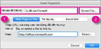 Hộp thoại Siêu kết nối trong Office for Mac