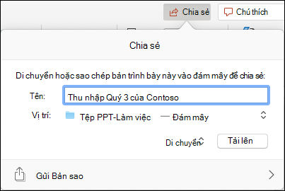 Ảnh chụp màn hình hiển thị hộp thoại đề nghị tải bản trình bày lên bộ nhớ đám mây Microsoft của bạn để chia sẻ liền mạch.