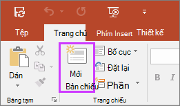 Hiển thị nút Trang chiếu Mới tên tab Nhà của ribbon trong PowerPoint