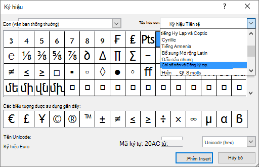 Hiển thị tập con Chỉ số dưới và Chỉ số trên trong hộp thoại Biểu tượng trong PowerPoint