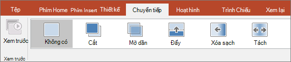 Tab Chuyển tiếp trên Dải băng trong PowerPoint.