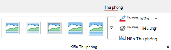 Tab Thu phóng trên ribbon trong PowerPoint bao gồm các tùy chọn định dạng như viền và nền.