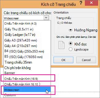 Màn hình rộng hoặc Chiếu Trên màn hình 16:9