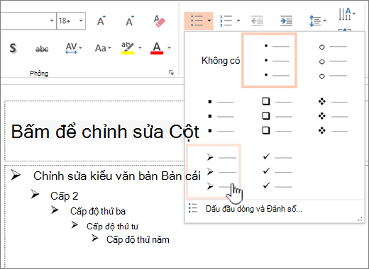 Cài đặt dấu đầu dòng mặc định cho tất cả các mức