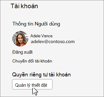 Hộp thoại Tài khoản với nút quản lý cài đặt được xóa.