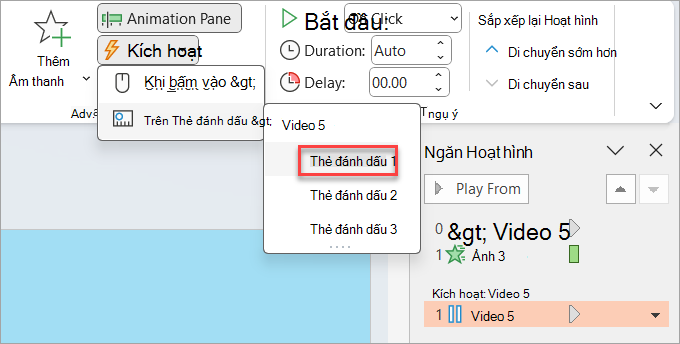Nơi đặt yếu tố kích hoạt cho hoạt hình; trong trường hợp này, khi thẻ đánh dấu trên video được đạt đến.