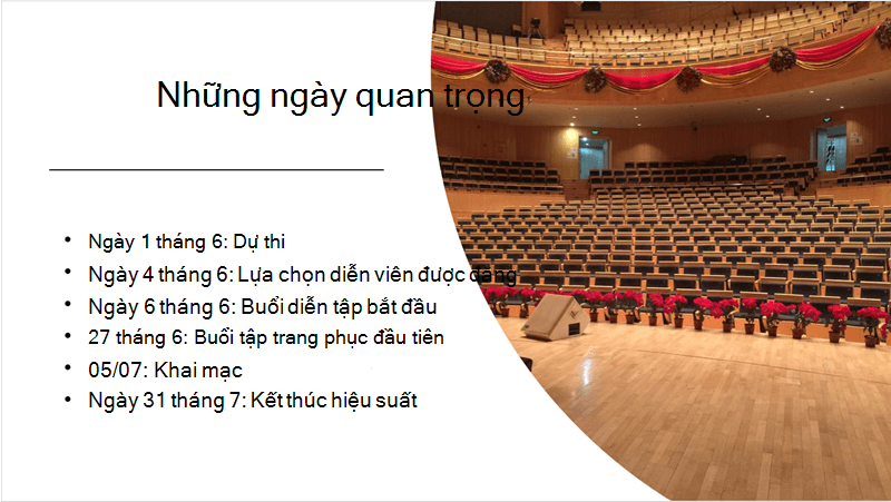 Trang chiếu mẫu với đường thời gian văn bản và ảnh mà Ý tưởng Thiết kế được sắp xếp và bố trí.