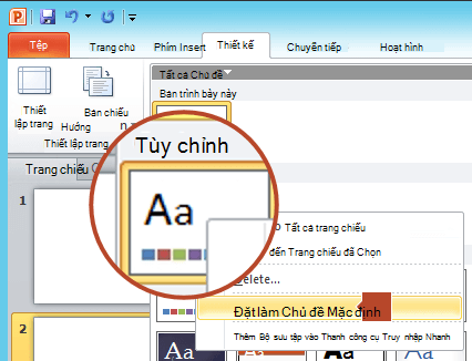 Bấm chuột phải vào chủ đề mới được liệt kê bên dưới Đầu đề Tùy chỉnh, rồi chọn Đặt làm Chủ đề Mặc định.