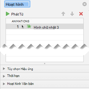 Ngăn Hoạt hình có các tùy chọn hiệu ứng, tùy chọn đặt thời gian và tùy chọn hiệu ứng văn bản