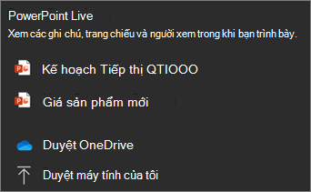 Ảnh chụp màn PowerPoint trực tiếp menu chia sẻ hiển thị các lựa chọn tệp và Duyệt OneDrive và Duyệt tệp của tôi.