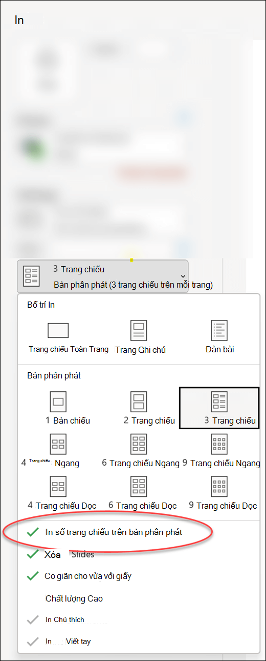 Hộp thoại In trong PowerPoint hiển thị tùy chọn in số trang chiếu trên bản phân phát.