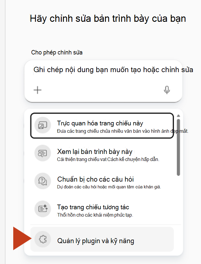 Ảnh chụp màn hình hiển thị việc chọn Quản lý phần bổ trợ và kỹ năng từ menu dấu cộng trong ngăn Copilot.