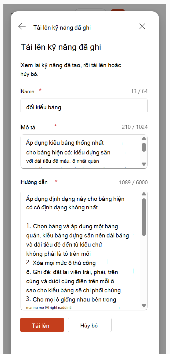 Ảnh chụp màn hình hiển thị việc xem lại tên, mô tả và hướng dẫn kỹ năng được tạo trước khi tải lên.