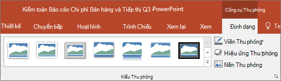 Hiển thị các Kiểu Thu phóng và hiệu ứng khác nhau mà bạn có thể chọn trong tab Định dạng ở PowerPoint.
