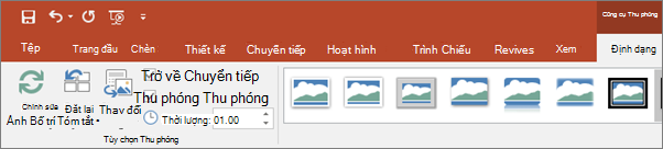 Hiển thị công cụ Thu phóng trong tab Định dạng trên dải băng trong PowerPoint.