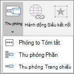 Hiển thị các kiểu Thu phóng khác nhau có thể được chọn khi bạn đi tới Chèn > Thu phóng: Thu phóng tóm tắt, Thu phóng Trang chiếu và Thu phóng Phần.