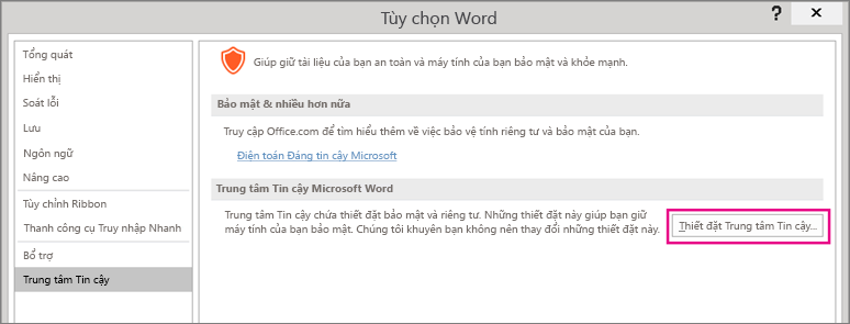 Tùy chọn Thiết đặt Trung tâm Tin cậy được tô sáng.