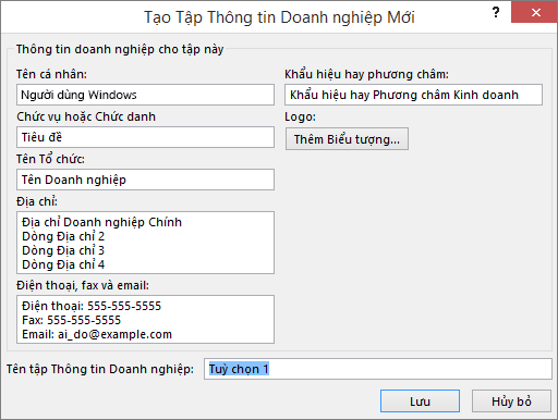 Ảnh chụp màn hình hộp thoại Tạo Bộ Thông tin Doanh nghiệp Mới.
