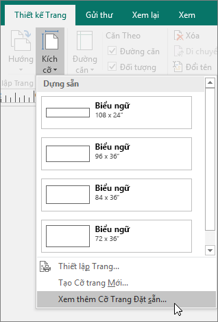 Ảnh chụp màn hình tùy chọn Xem thêm Kích cỡ Trang Đặt sẵn trên tab Thiết kế Trang trong Publisher.