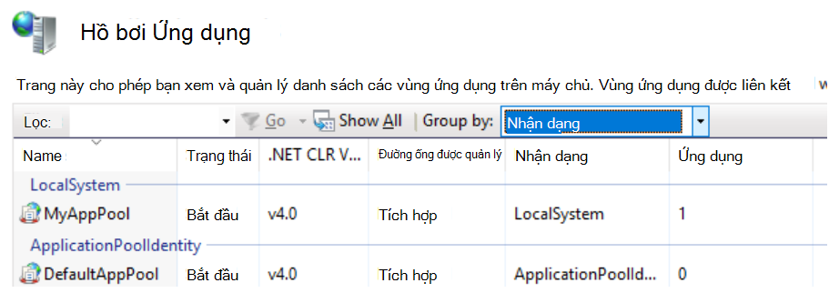 Ảnh chụp màn hình hiển thị ví dụ về vùng ứng dụng (MyAppPool) được đặt cấu hình để chạy dưới dạng LOCALSYSTEM. Mọi ứng dụng chạy trong vùng ứng dụng này sẽ chạy dưới dạng danh tính HỆ THỐNG.