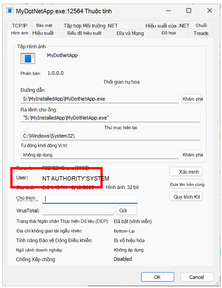 trong Trình khám phá Tiến trình Sysinternals, định vị quy trình quan tâm, rồi nhập dạng xem Thuộc tính, rồi xem trường Người dùng bên dưới tab Hình ảnh.