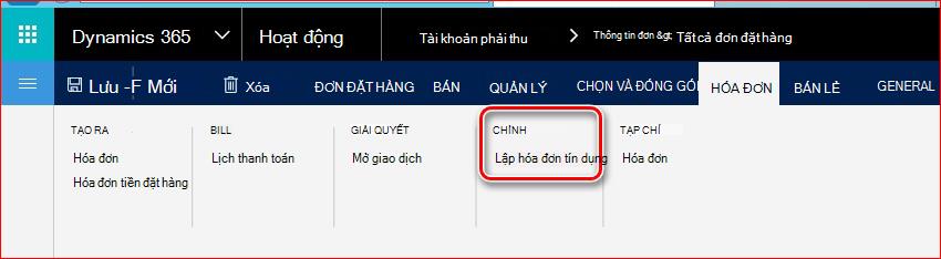 Hình ảnh này cho thấy cách tìm chức năng Lập hóa đơn tín dụng.