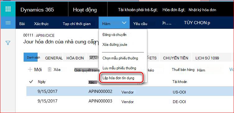 Hình ảnh này cho thấy cách tìm chức năng Lập hóa đơn tín dụng.