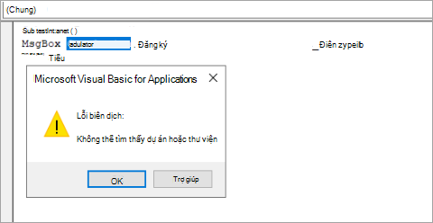 Ảnh chụp màn hình lỗi VBA do thư viện bị chặn.