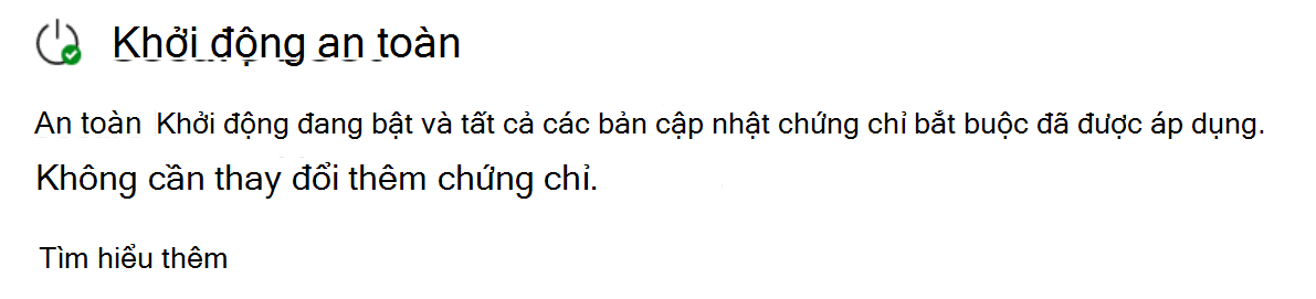 Phần Khởi động An toàn hiển thị trạng thái cập nhật đầy đủ với biểu tượng dấu kiểm màu lục.